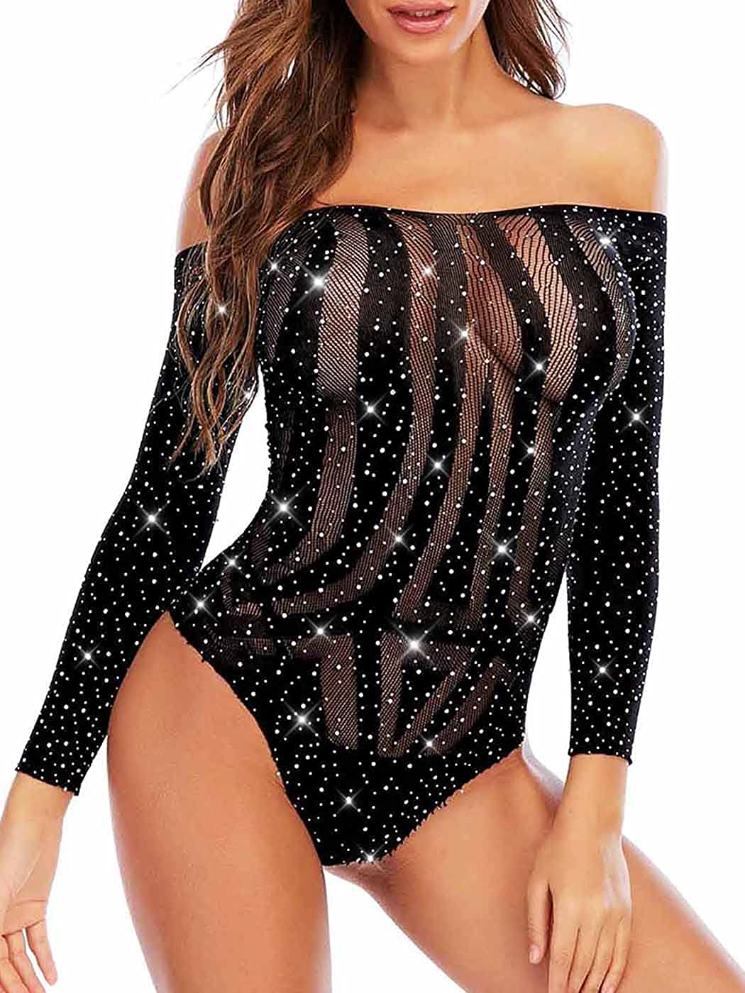 Price:$12.90 Women Fishnet Lingerie Sparkly Rhinestone Bodysuit Long Sleeve Teddy Lingerie Mesh Chemise Black: Clothing, Shoes & Jewelry