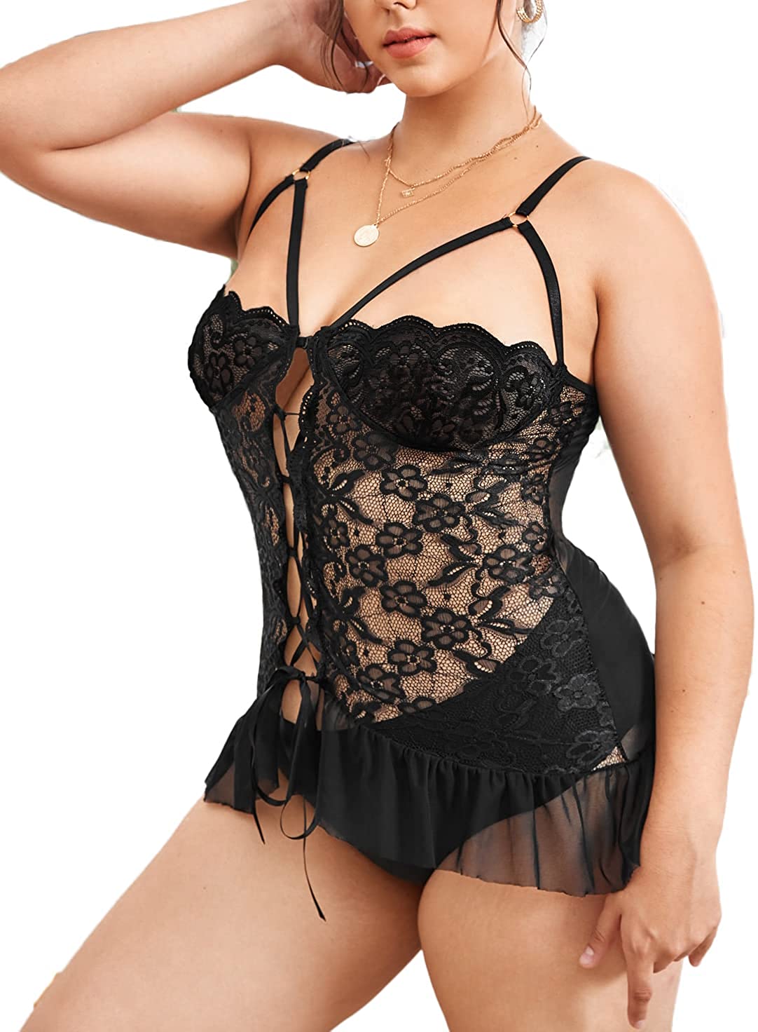 Price:$14.88 Size Lingerie for Women Floral Lace Short Babydoll Langire Sexy Strappy Nightwear Mesh skirt Trim XL-4X at Amazon Women’s Clothing store