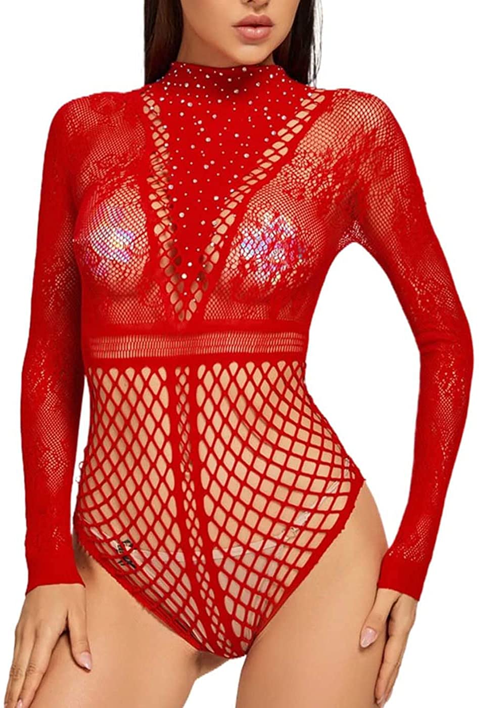 Price:$13.99 Women Fishnet Lingerie Sparkly Rhinestone Bodysuit Sexy Long Sleeve Mesh Bodycon Lingerie (Red): Clothing, Shoes & Jewelry