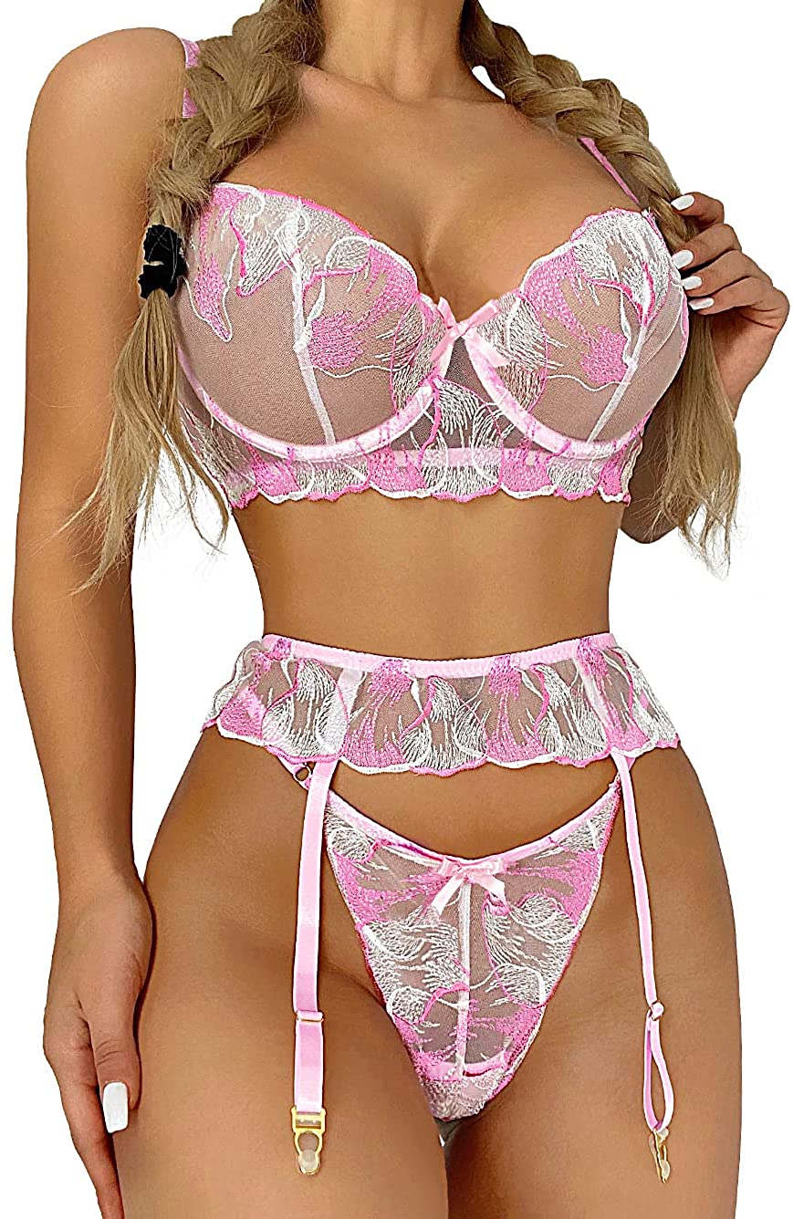 Price:$18.99 Floral Embroidered, Underwire, Cutout Back, G-String, Garter Belt Lingerie for Women: Clothing, Shoes & Jewelry