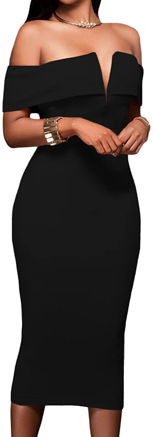 Price:$23.99 Women's Sexy V Neck Off The Shoulder Evening Bodycon Club Midi Dress : Clothing, Shoes & Jewelry
