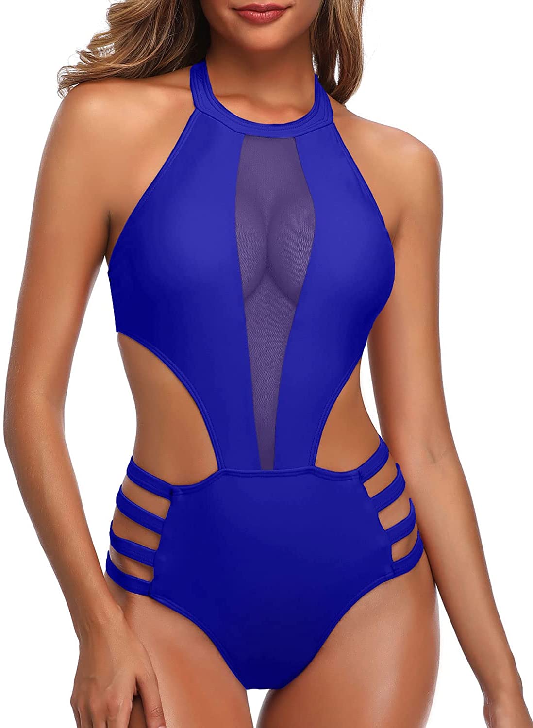 Price:$19.59 Me Women One Piece Mesh Swimsuit High Neck Halter Cutout Monokini Swimwear at Amazon Women’s Clothing store