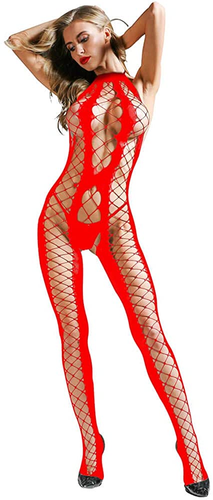 Price:$10.49 Fence Fishnet Bodysuit Lingerie - Halter Garter Dress with Attached Stockings Net Nightwear(RED): Clothing, Shoes & Jewelry