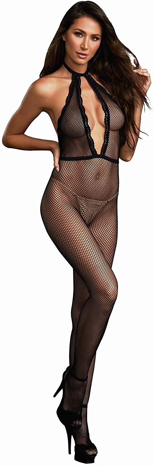 Price:$12.74 Women's Fishnet Bodystocking with Plunging Halter Neckline, Black, One Size: Clothing, Shoes & Jewelry