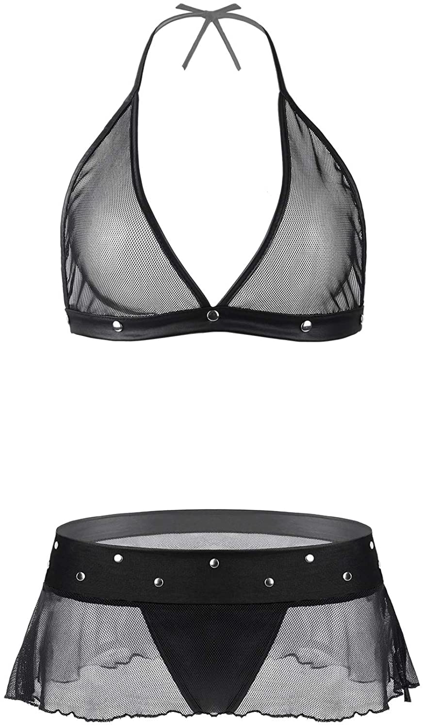 Price:$6.99 Women PU Leather Mesh Deep V Halter Top and Mini Skirt with G-String Panty Set: Clothing, Shoes & Jewelry
