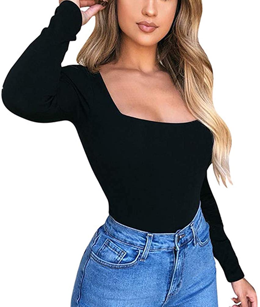 Price:$12.99 Square Neck Long Sleeve Bodysuit Tops Basic Stretchy Bodycon Leotards Jumpsuit : Clothing, Shoes & Jewelry