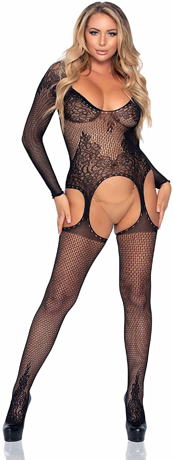 Price:$12.81 Avenue Women's Ring Fishnet and Floral Lace Suspender Bodystocking, Black, O/S: Clothing, Shoes & Jewelry