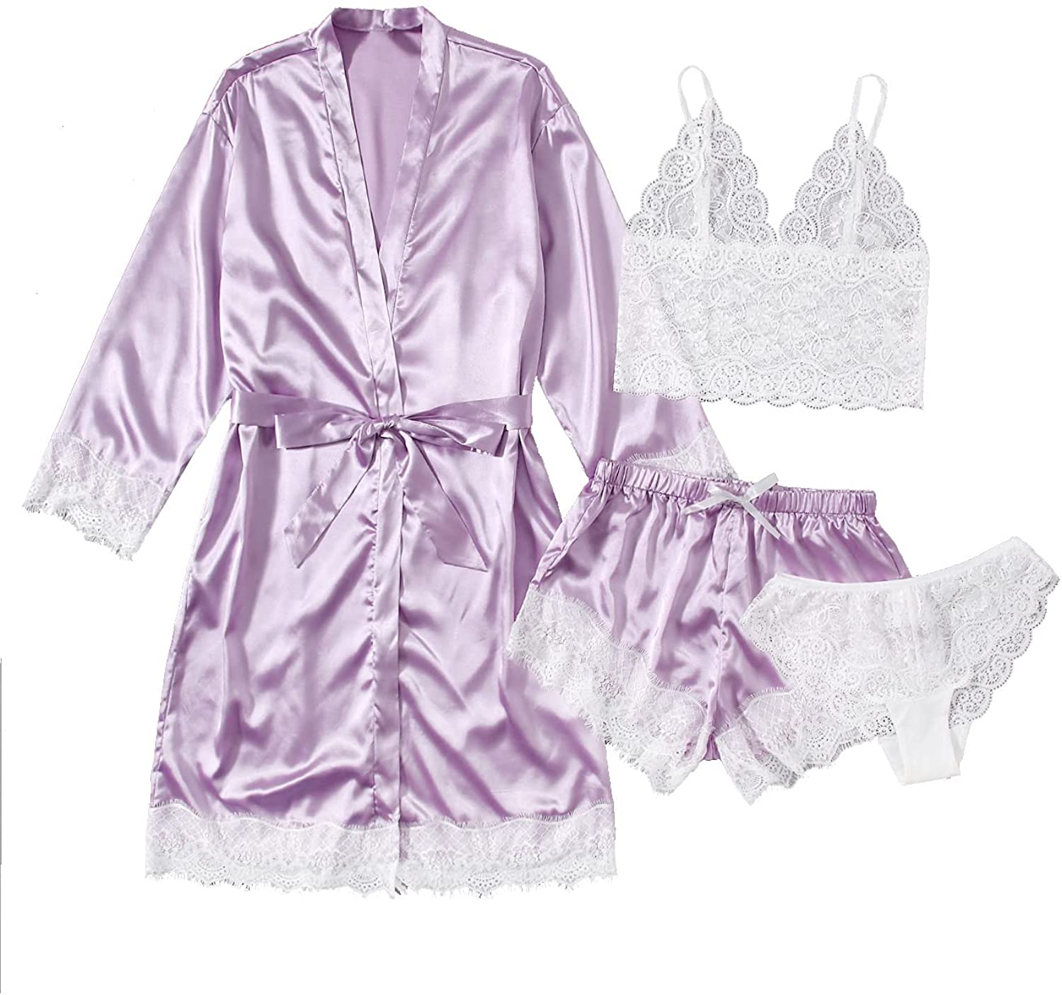 Price:$17.99 HUX Women's Sleepwear 4pcs Floral Lace Trim Satin Cami Pajama Set with Robe at Amazon Women’s Clothing store