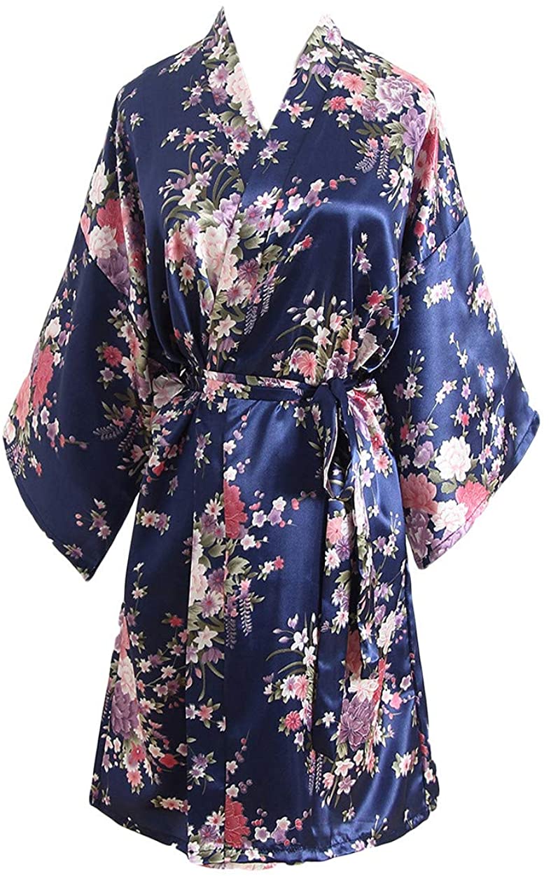 Price:$11.98 Women's Floral Bride Bridesmaids Robe Satin Wedding Kimono Bridal Dressing Gown Sleepwear Dark Blue at Amazon Women’s Clothing store