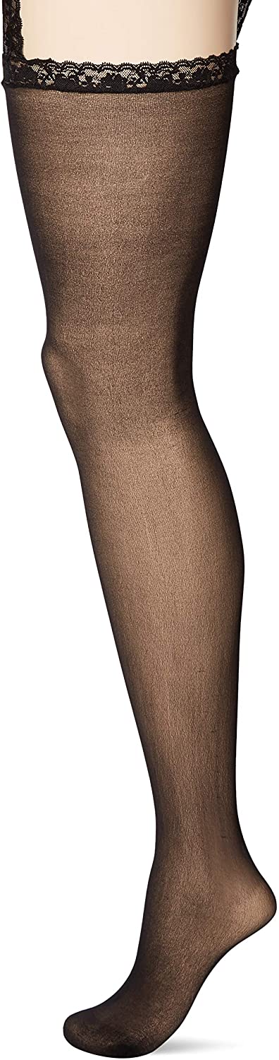 Price:$9.99 Avenue Women's Lace Top Stockings with Backseam and Attached Garter Belt, Black, Sheer Black : Avenue: Clothing, Shoes & Jewelry