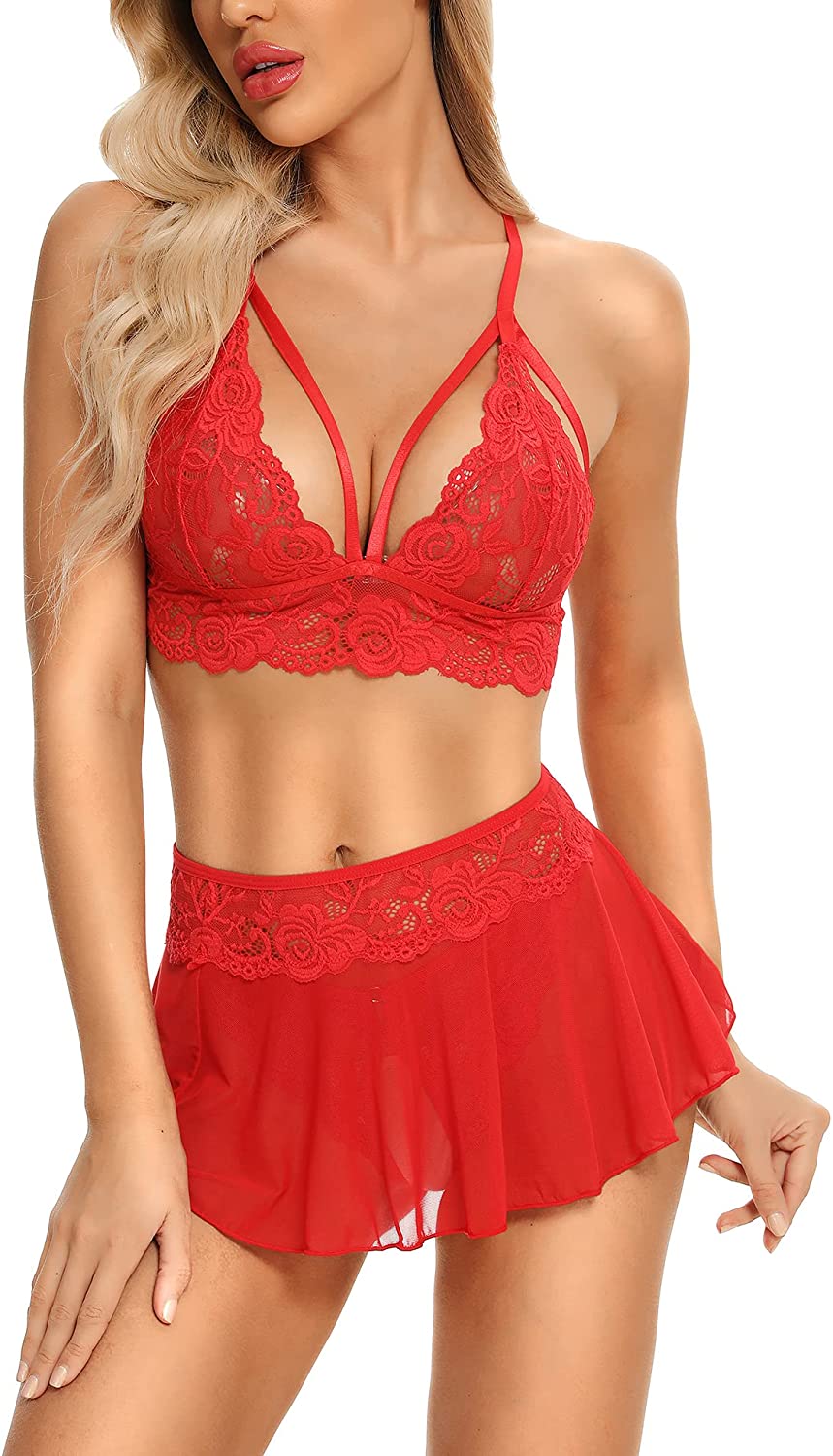 Price:$2.99 Sexy Lingerie Sets for Women Naughty 3 Piece Lace Bralette, Mini Skirt with G-String Teddy Lingerie Babydoll Set at Amazon Women’s Clothing store