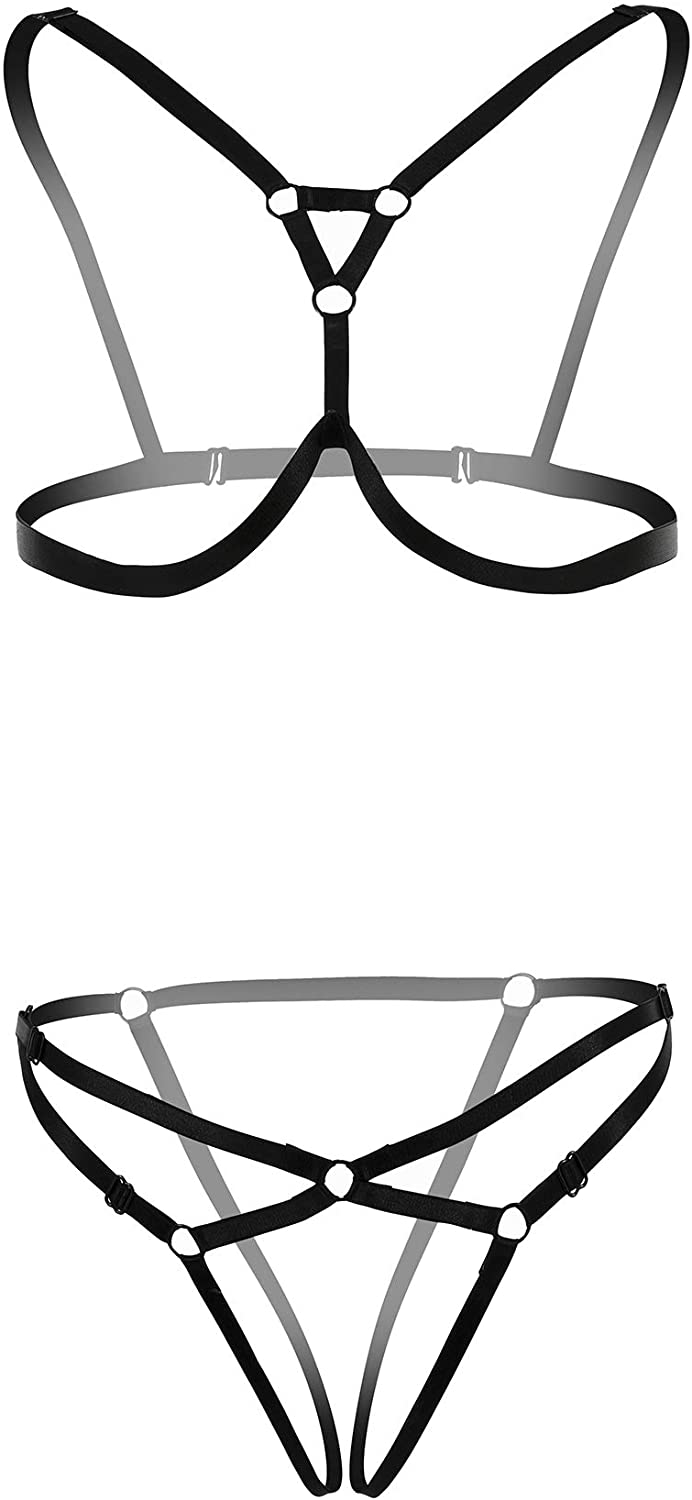 Price:$5.99 Women Black Sexy Full Body Harness Hollow Out Strap Cupless Lingerie Set at Amazon Women’s Clothing store