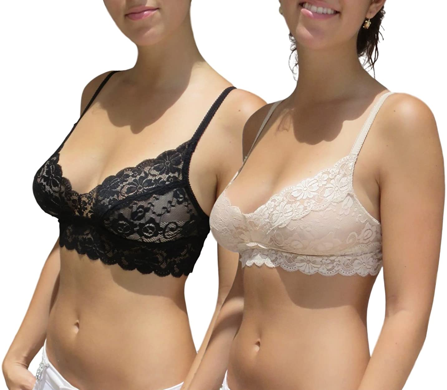Price:$19.98 55 Women's Sexy Everyday Beautiful Wireless Sheer Lace Bralette w/ Adjustable Straps 2 Pack: Black Beige Medium / Large at Amazon Women’s Clothing store