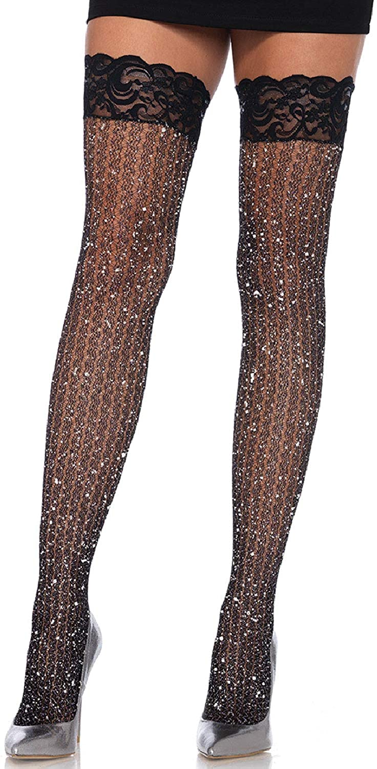 Price:$9.99 Avenue Women's Stay up lace top Lurex Shimmer Cable net Thigh Highs, Black, O/S: Clothing, Shoes & Jewelry