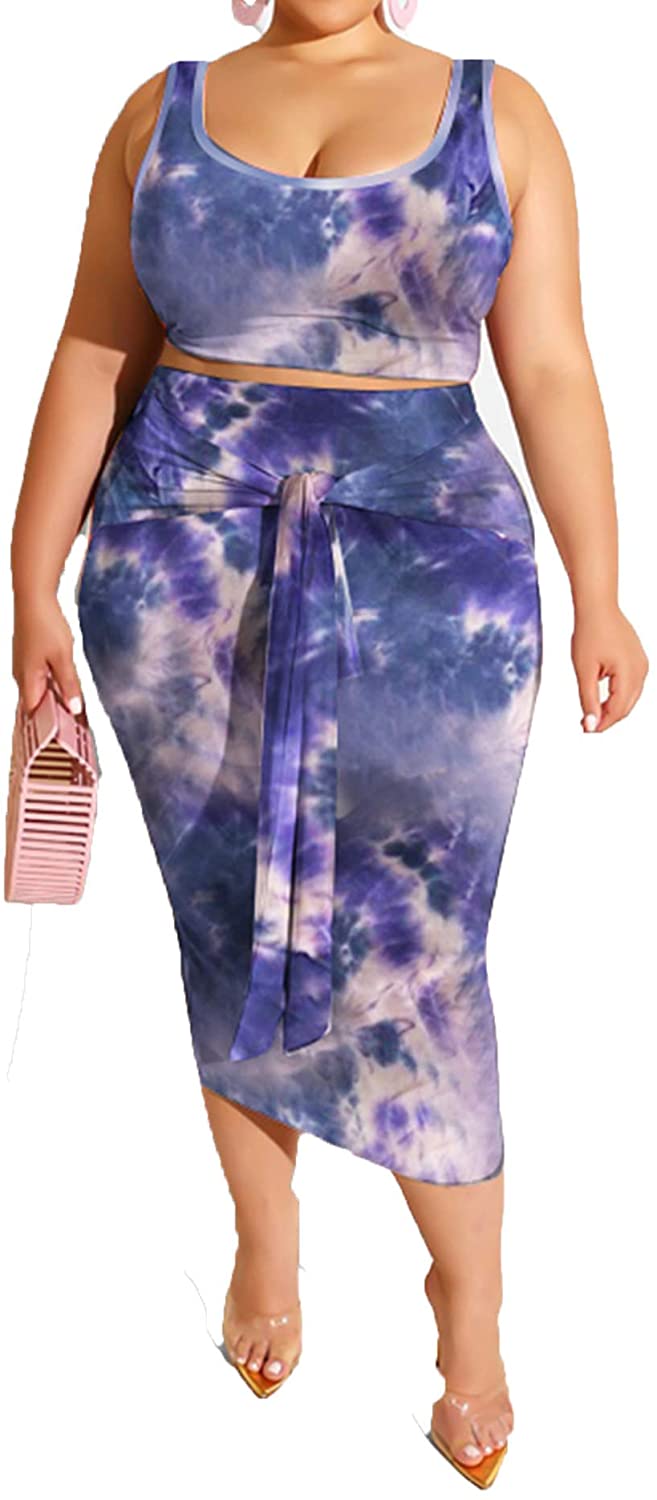Price:$17.09 Sexy Plus Size 2 Piece Midi Dress Outfits - Sleeveless Tie Dye Print Tank Crop Top Bodycon Skirts Set at Amazon Women’s Clothing store