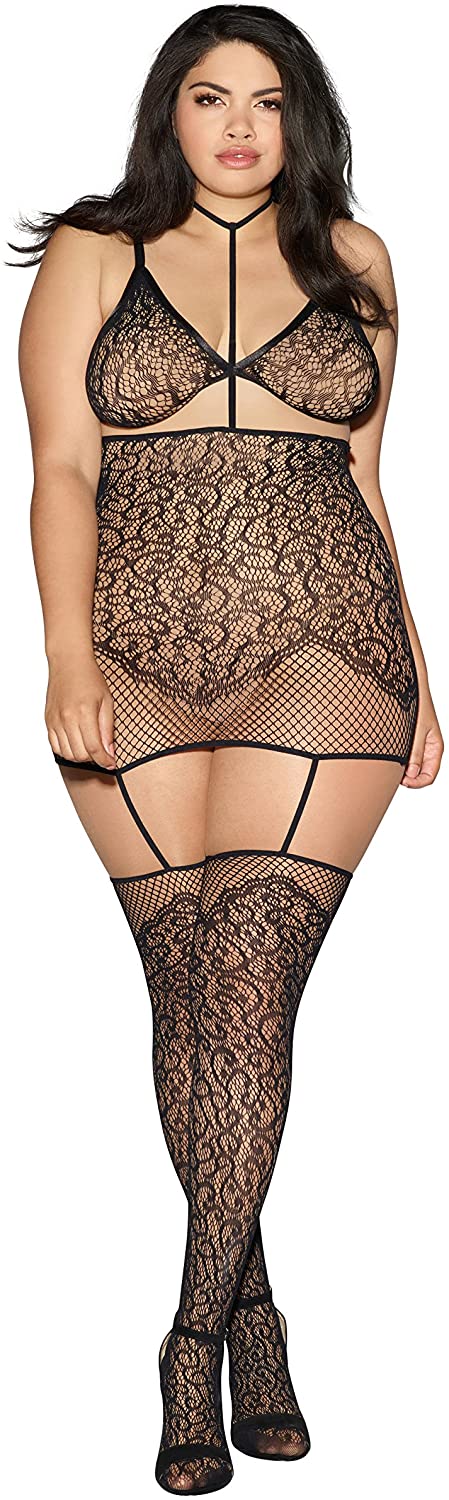 Price:$25.17 Women's Plus Collared Lace Garter Dress Lingerie with Detachable Bra, Black, One Size: Clothing, Shoes & Jewelry