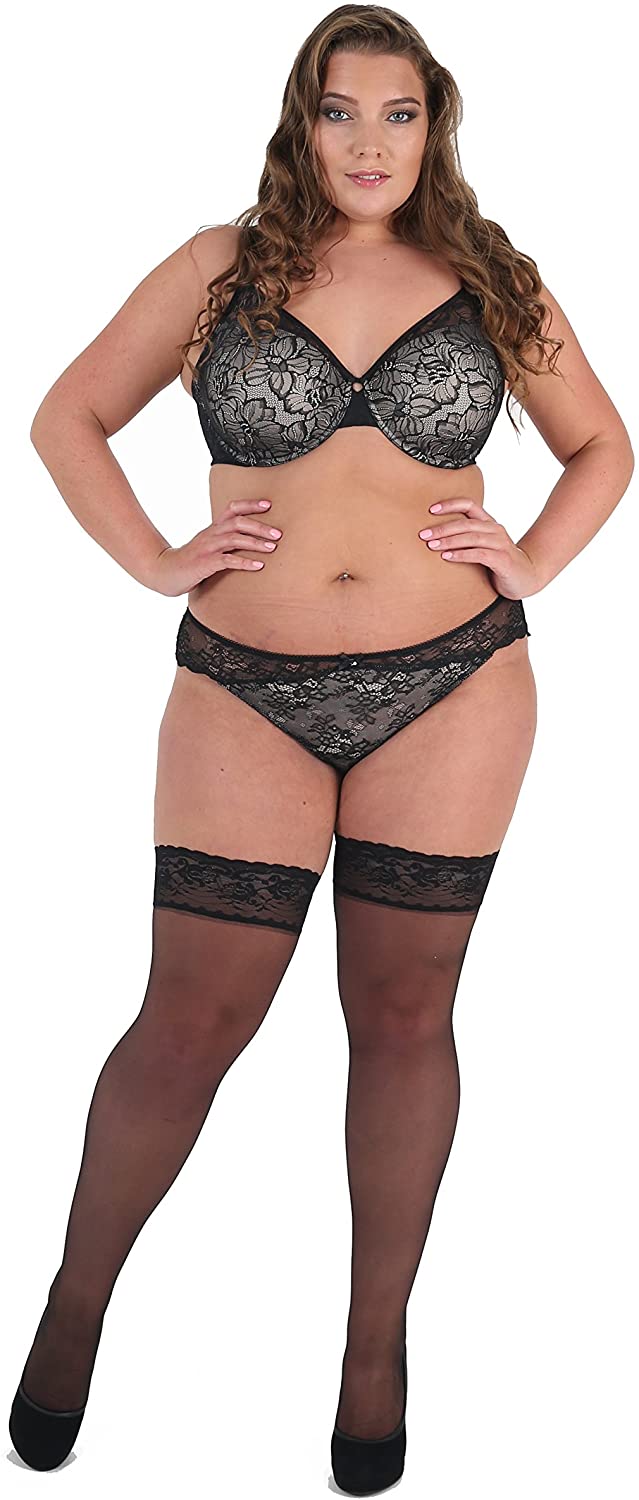 Price:$13.95 Size Lace Hold Ups, Black Thigh Highs with Silicone, Sheer 15 Denier Stockings Sizes 12-28 [Made in Italy] at Amazon Women’s Clothing store