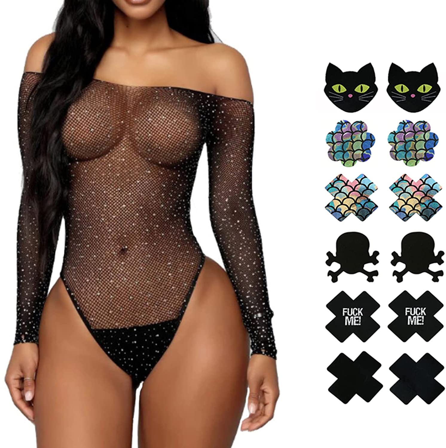 Price:$11.99 Sexy Sparkle Rhinestone Teddy Fishnet Long Sleeve Sheer Mesh Lingerie One Piece Bodysuit + 6pair Breast Petals (black 2): Clothing, Shoes & Jewelry