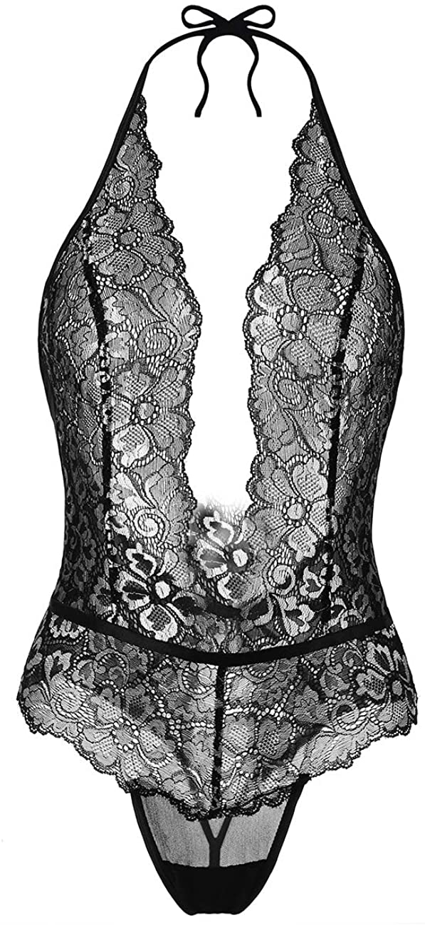 Price:$14.99 Teddy Lingerie for Women Black Lace Bodysuit for Women Halter Deep V Bodysuit: Clothing, Shoes & Jewelry