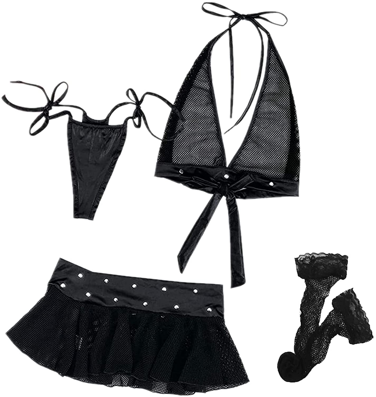 Price:$7.99 4 Pieces Lingerie Set Strappy Fishnet Halter Top and and Mini Skirt with G-String Pant Underwear Black at Amazon Women’s Clothing store