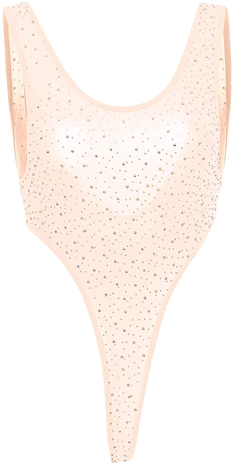 Price:$14.99 Rhinestones Bodysuit Sexy High Cut Thong Leotard Babydoll Teddy Thong Underwear Brazilian Bikini Lingerie One Piece Swimsuit Stripper Outfit Nightwear Sheer Mesh Romper Beige Beads One Size: Clothing, Shoes & Jewelry