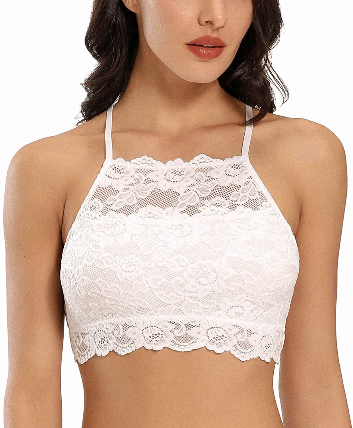 Price:$14.99 High-Neck Lace Bralette for Women Racerback Floral Crop Top Vest Bra at Amazon Women’s Clothing store