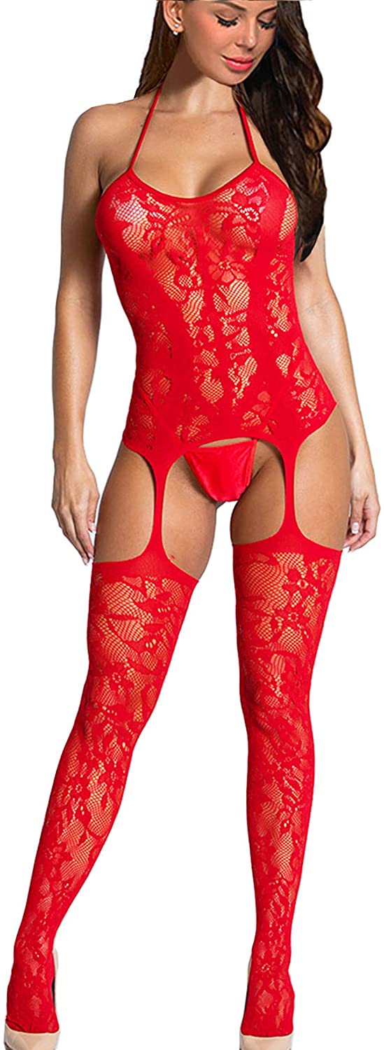 Price:$7.98 Women's Trinidad Halter Garter Dress with Attached Stockings, Sexy Lingerie Babydoll Bodysuit Chemise Nightwear Red: Clothing, Shoes & Jewelry