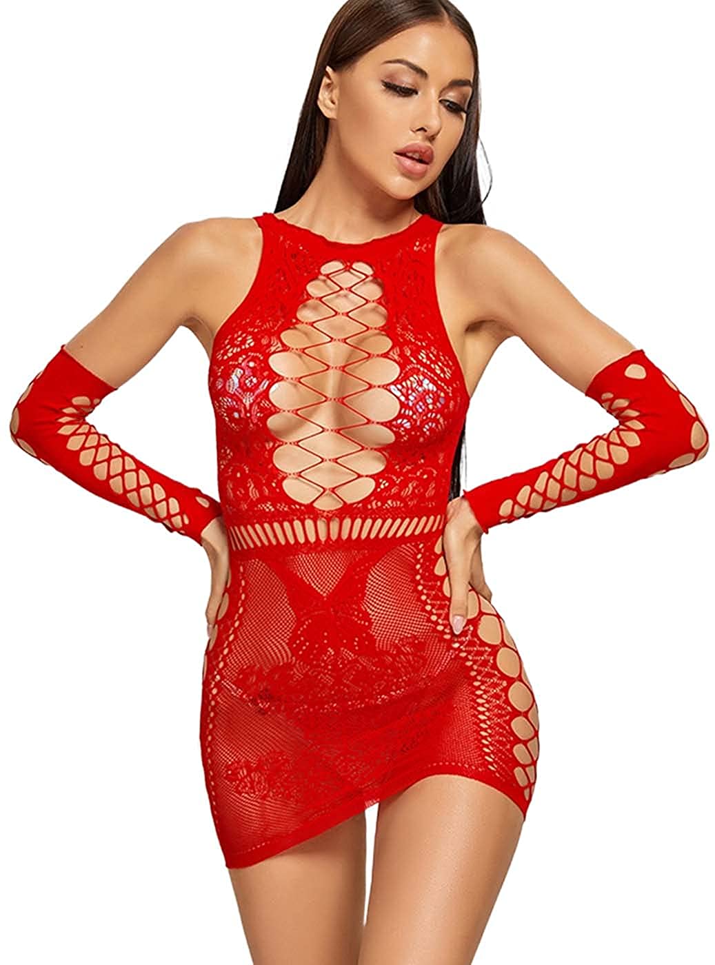 Price:$8.99 Women’s Lingerie Sexy Teddy Bodysuit Fishnet Lingerie Plus Outfit Babydoll Mesh Chemise with Gloves (Red): Clothing, Shoes & Jewelry
