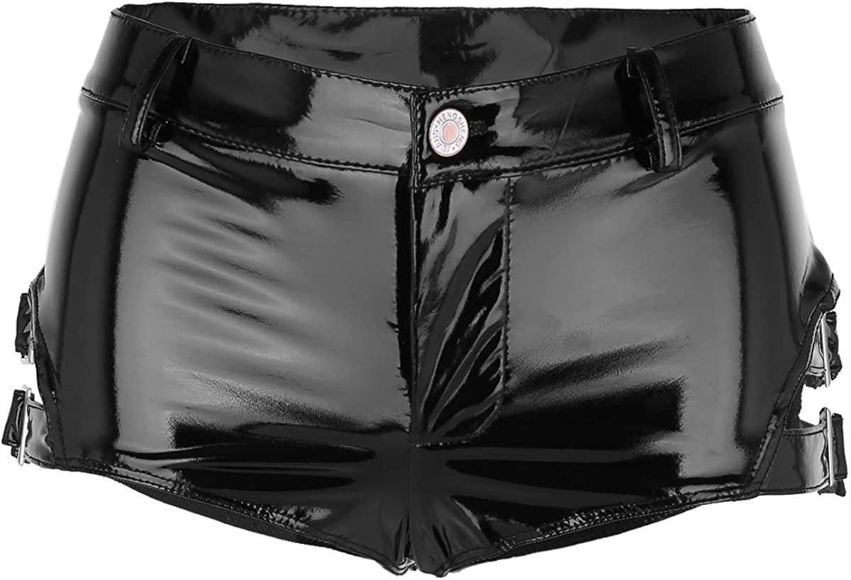 Price:$19.99 Women's Metallic Wet Look Mini Pants Patent Leather Sexy Booty Shorts Clubwear at Amazon Women’s Clothing store