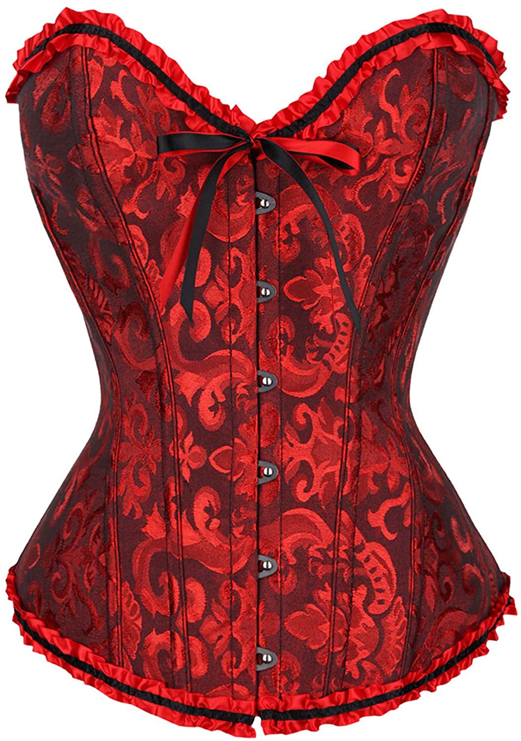 Price:$15.99 Floral Lace Satin Underbust Waist Boned Cincher Bustier Waistband Vest Training Brocade Corset (Black Red , XL ) at Amazon Women’s Clothing store
