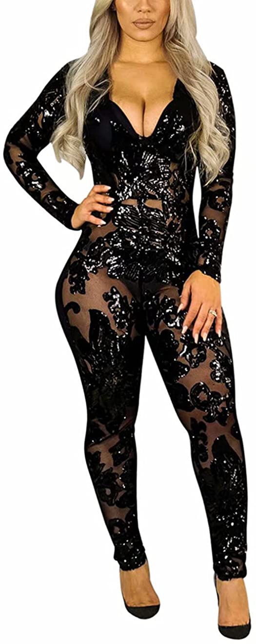 Price:$27.99 Women's Sequins Jumpsuit Outfit with Sheer Mesh Satin and Rhinestones for Party Club : Clothing, Shoes & Jewelry