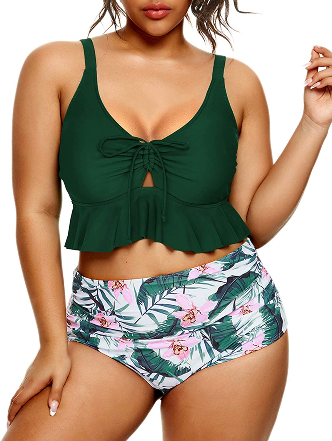 Price:$29.99 Women Plus Size Two Piece Swimsuits High Waisted Bikini Set Ruffle Flounce Tummy Control Bathing Suits at Amazon Women’s Clothing store