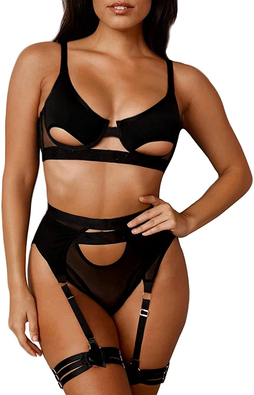 Price:$19.99 Mesh Patchwork,Underwire Peekaboo,Garter Belt,Thong,Thigh Straps,4 Piece Lingerie: Clothing, Shoes & Jewelry